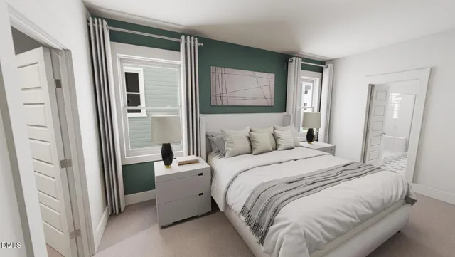 a bedroom with a bed and a mirror