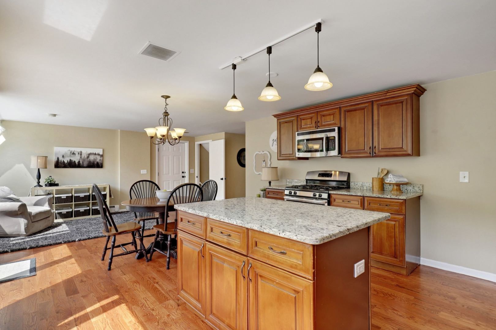 1010 South Summit Street Barrington, IL 60010 - Photo 11 of 48 a kitchen with granite countertop a stove a oven a dining table and chairs with wooden floor