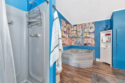 a bathroom with a bathtub and shower