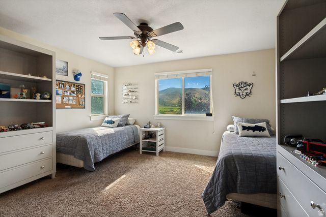 40 Wheeler Road Heber City, UT 84032 - Photo 24 of 41 Built-in shelving units, ceiling fan with integrated lighting, carpeted flooring, and multiple windows with outdoor scenery