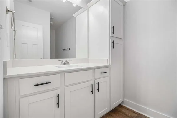 a bathroom with a sink mirror and vanity