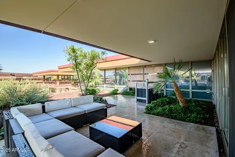 a living room with furniture and a potted plant