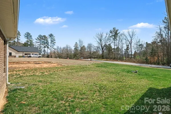 a view of a field with large trees