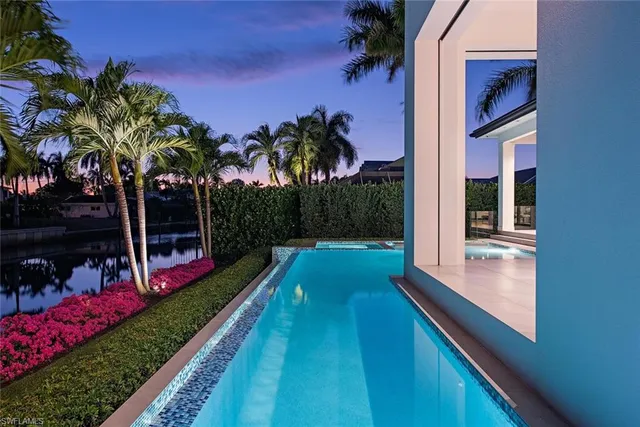 a view of swimming pool with a garden and potted plants