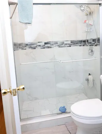a bathroom with a toilet and a shower