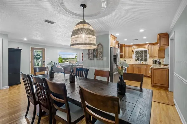 a view of a dining room with furniture