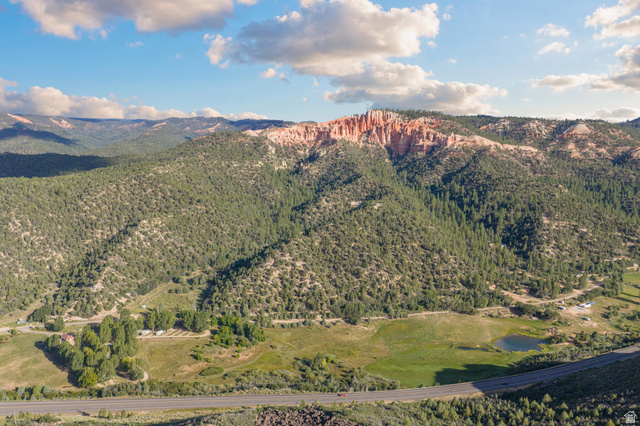 1 Pink Cliffs Road East Glendale, UT 84729 - Photo 8 of 24 Expansive natural landscape with varied topography, featuring dense evergreen forests, red rock formations, a tranquil pond, and a paved roadway