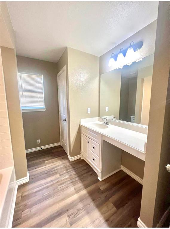 3133 Tbd County Road Lone Oak, TX 75453 - Photo 18 of 21 Vanity area featuring a built-in white cabinet, integrated sink, extended countertop, and wall-mounted light fixture