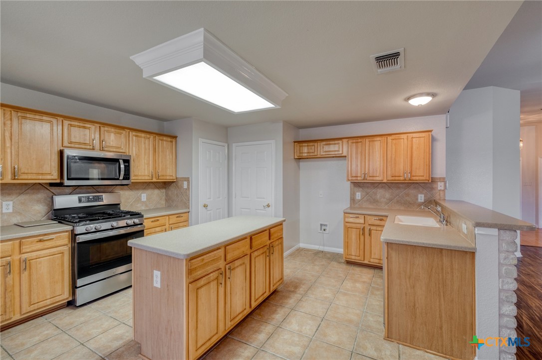 513 South Mockingbird Lane Lockhart, TX 78644 - Photo 8 of 25 a kitchen with stainless steel appliances a stove sink and microwave