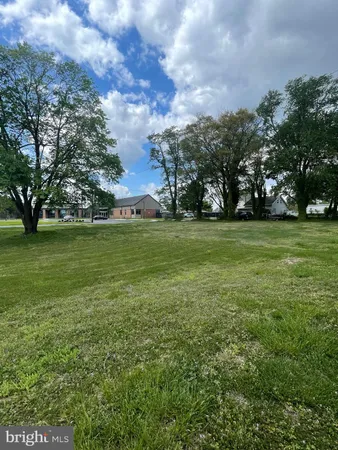 a view of a green field with trees in the background
