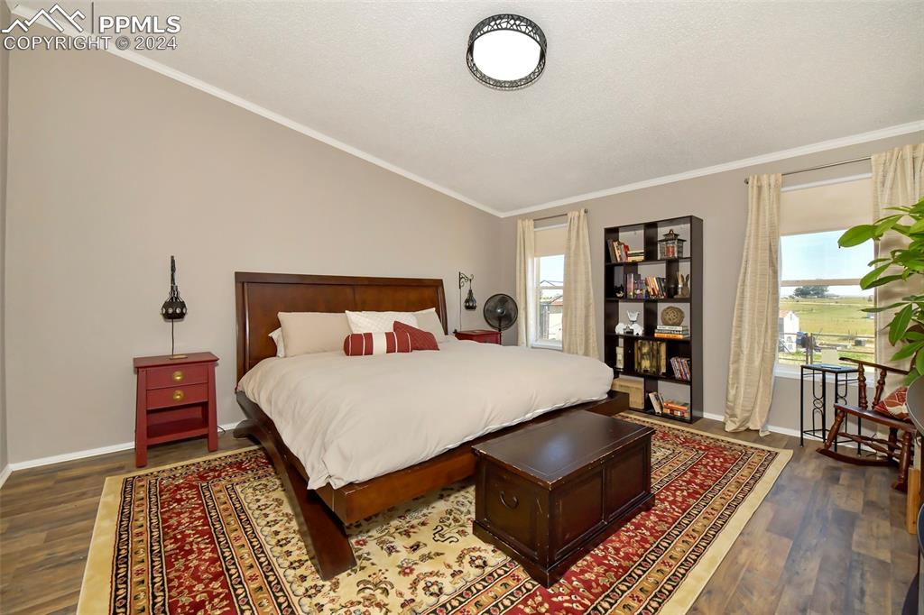 3975 Feather Ridge Drive Peyton, CO 80831 - Photo 25 of 36 a bedroom with a bed rug and wooden floor