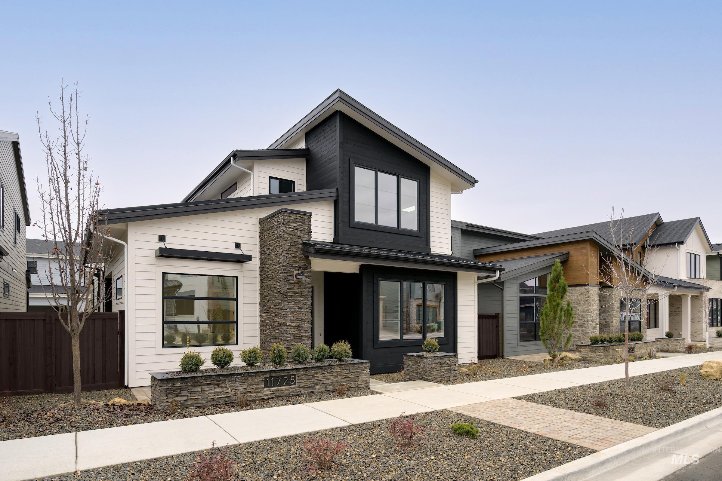 Modern home with stone siding