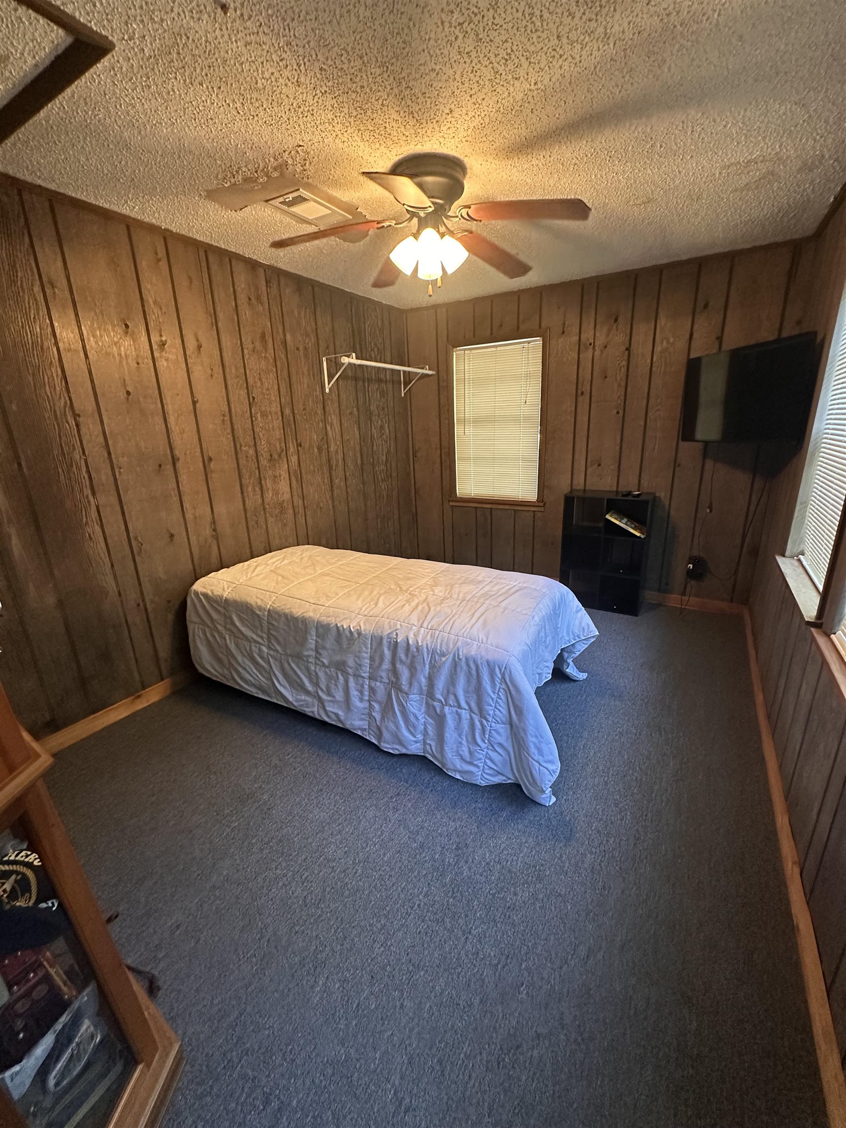 481 Chisholm Lake Camp Road Ripley, TN 38063 - Photo 5 of 12 Room featuring wood paneling, carpeted flooring, a ceiling fan with integrated lighting, and a single window with blinds
