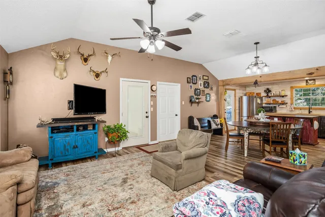 a view of a dining room with furniture