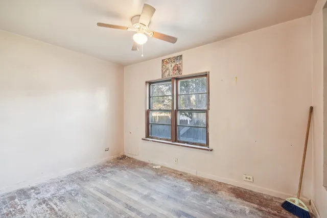 a backyard of a house with plants and large tree