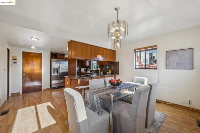 a view of a dining room with furniture