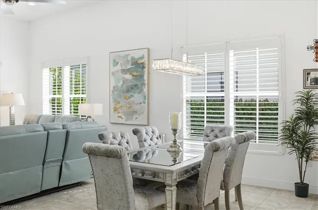 a view of a dining room with furniture and window