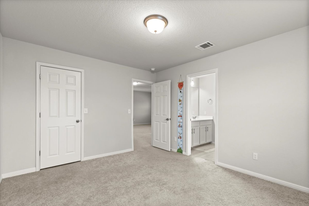 213 Munk Lane Leander, TX 78641 - Photo 25 of 40 Unfurnished bedroom with light carpet, ensuite bathroom, and a textured ceiling