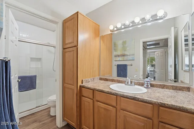 a bathroom with a granite countertop sink toilet and shower a mirror