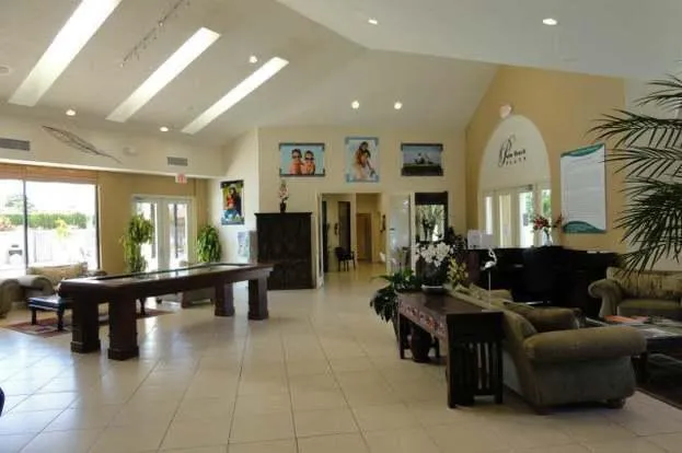 a view of a swimming pool with outdoor seating and plants