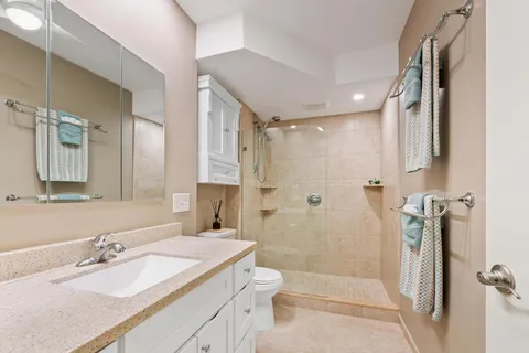 a bathroom with a sink a toilet and shower