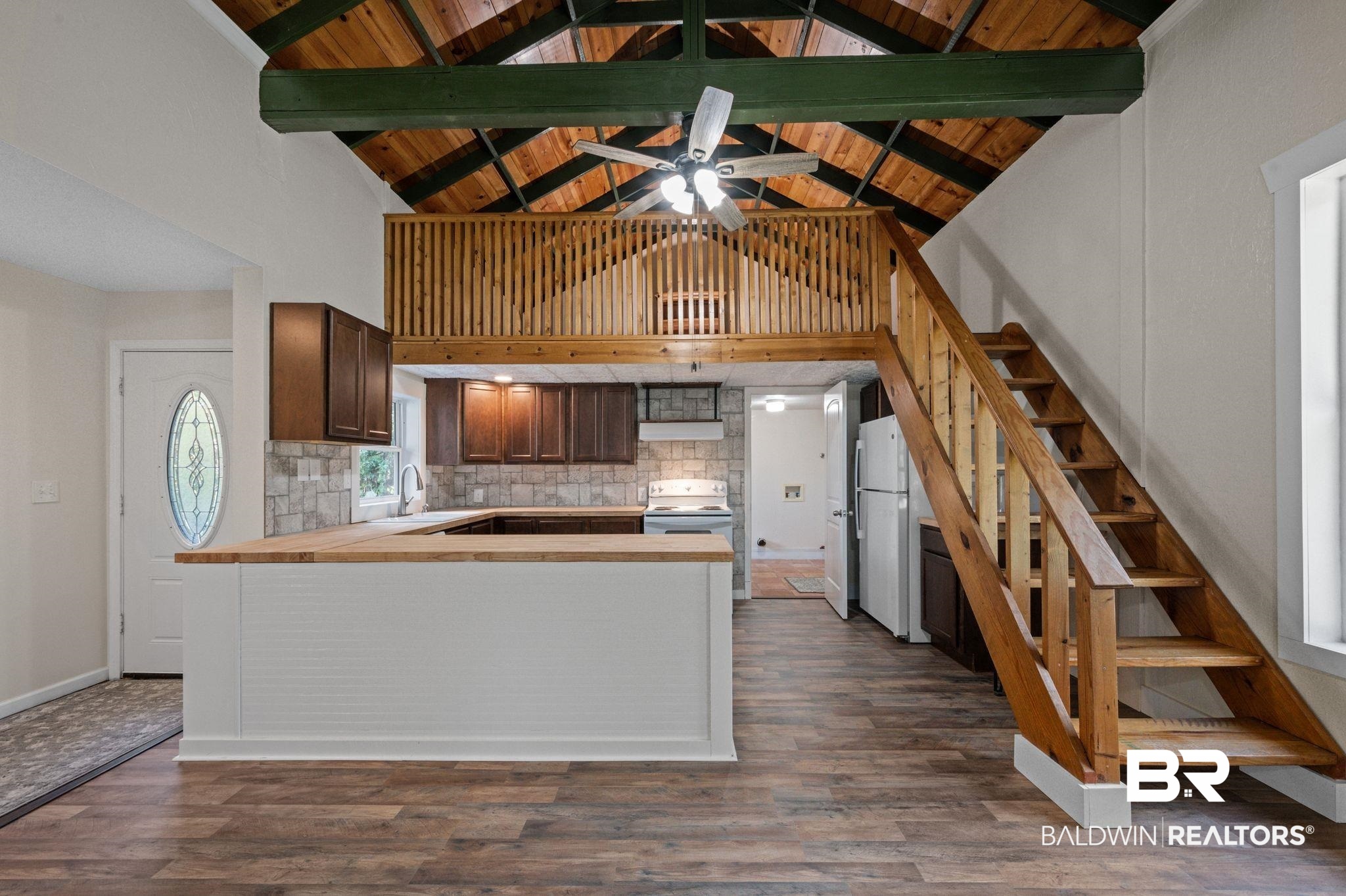 20037 County Road 33 Fairhope, AL 36532 - Photo 44 of 79 Kitchen featuring wood ceiling, tasteful backsplash, dark hardwood / wood-style flooring, beamed ceiling, and white appliances