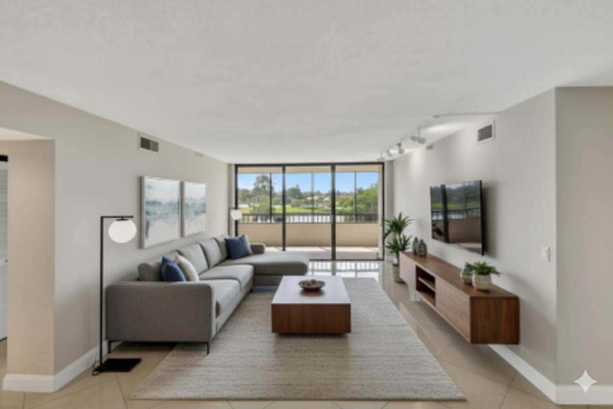 6372 La Costa Drive, Unit 302 Boca Raton, FL 33433 - Photo 14 of 52 a living room with furniture flat screen tv and a large window