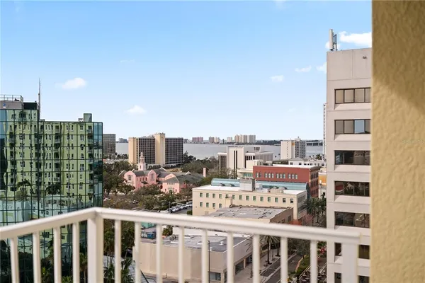 a view of a city from a balcony