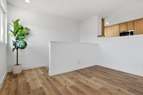 a view of a hallway with wooden floor and a potted plant
