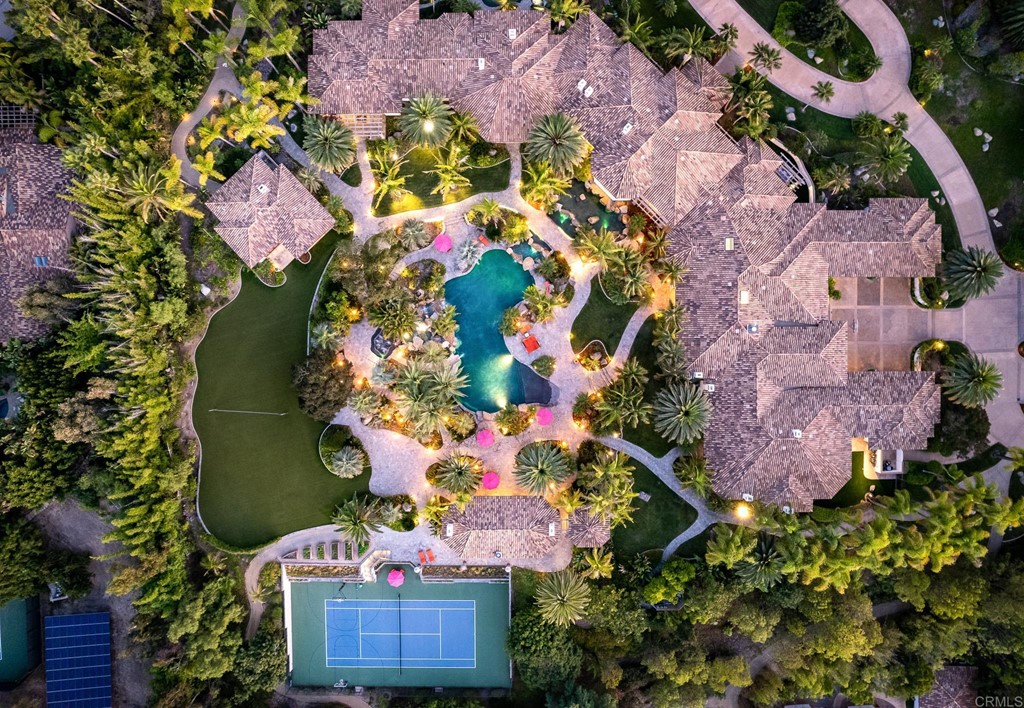 6424 La Valle Plateada Rancho Santa Fe, CA 92067 - Photo 10 of 21 an aerial view of swimming pool outdoor seating and yard