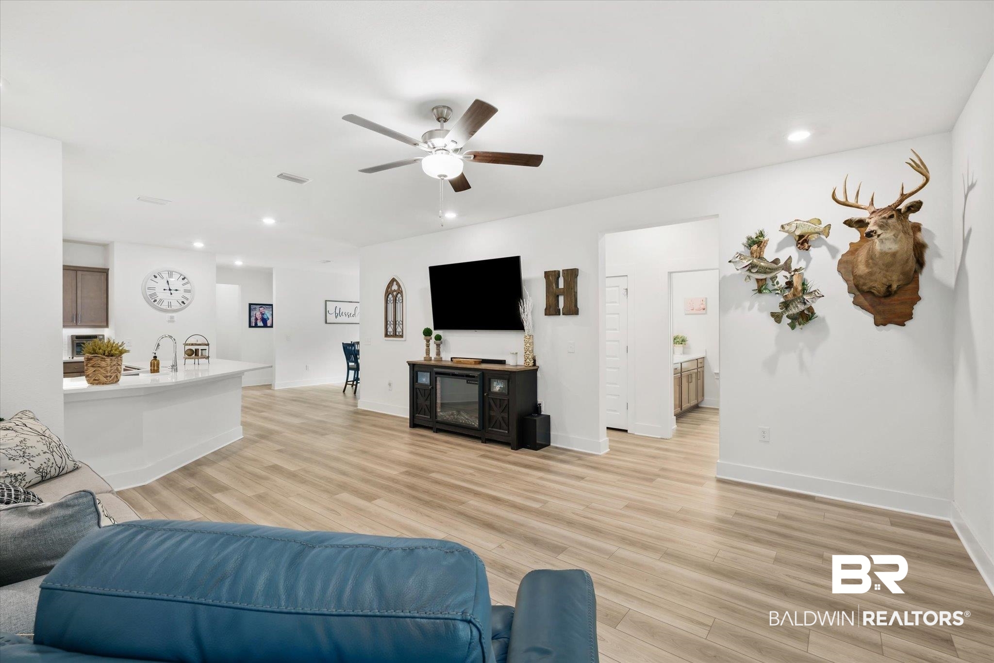 263 Bronze Street Fairhope, AL 36532 - Photo 4 of 47 Living room featuring sink, ceiling fan, and light hardwood / wood-style floors