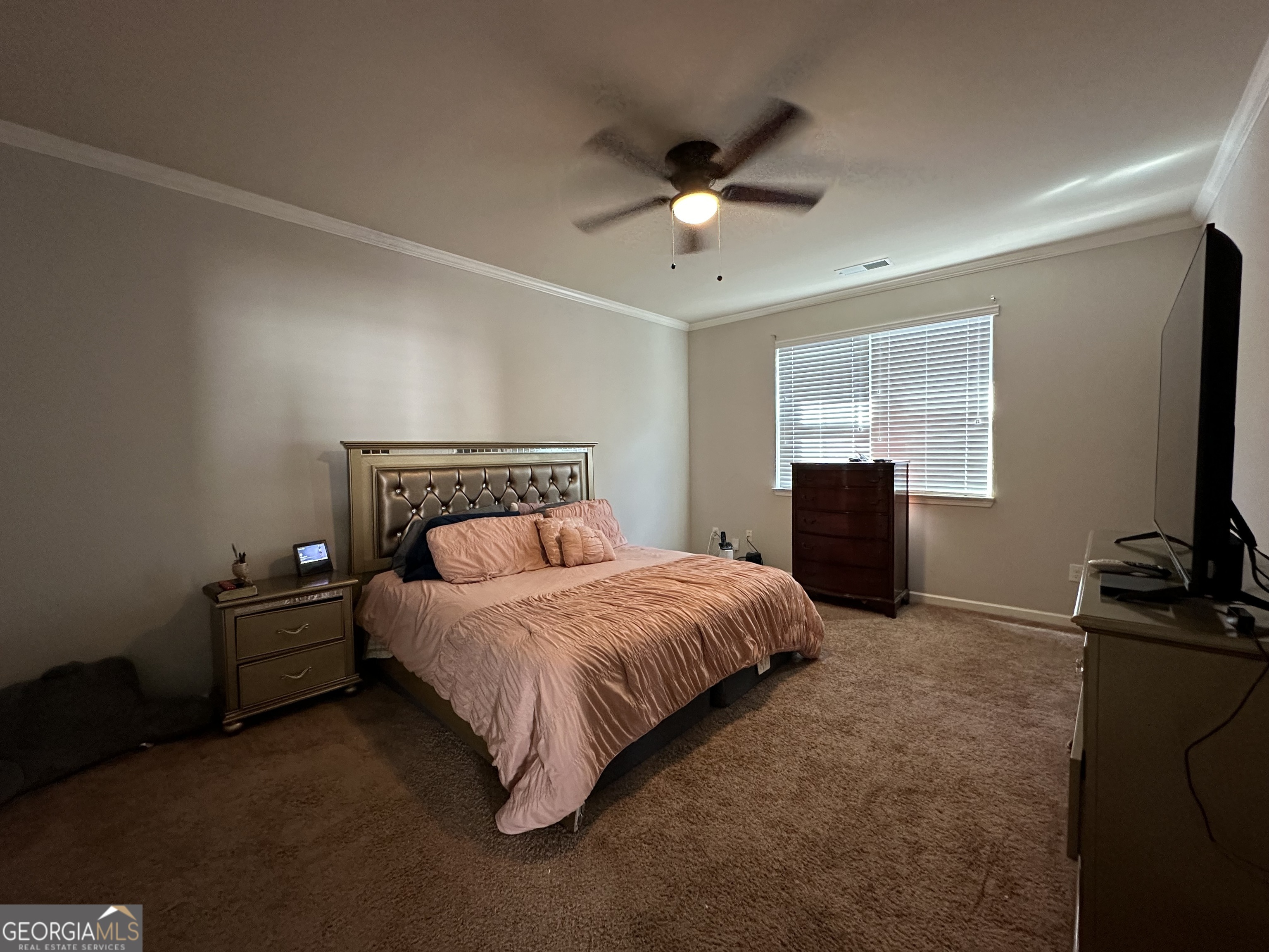 565 Carleton Place Locust Grove, GA 30248 - Photo 32 of 40 a spacious bedroom with a bed and a flat screen tv