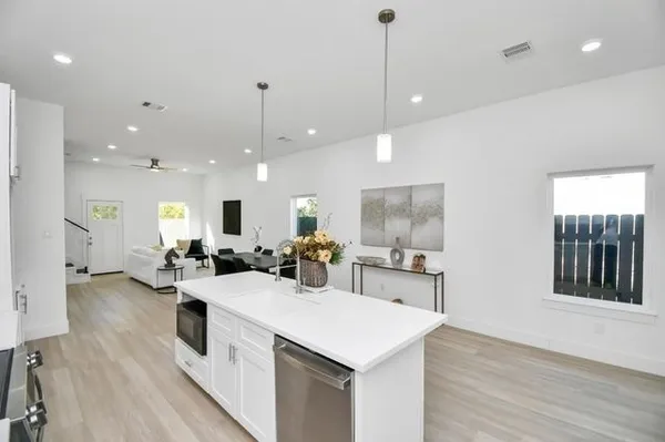 a view of a dining room with furniture