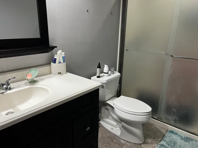 a bathroom with a sink toilet and a mirror