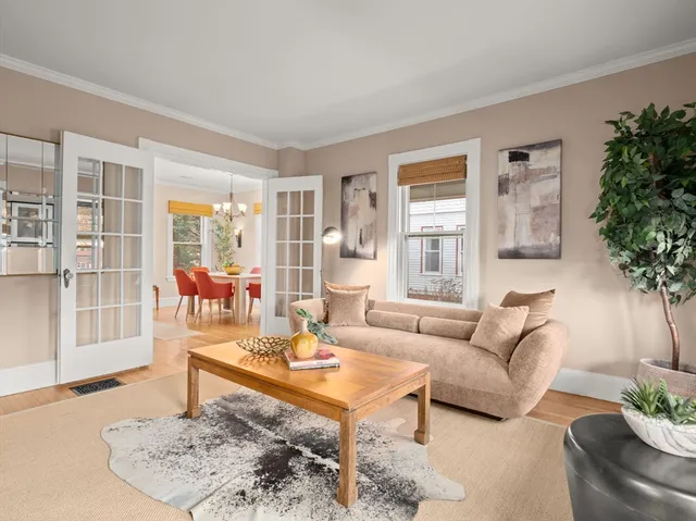a living room with furniture and a potted plant