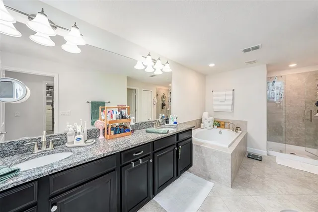 a bathroom with a sink double vanity granite tub and a mirror