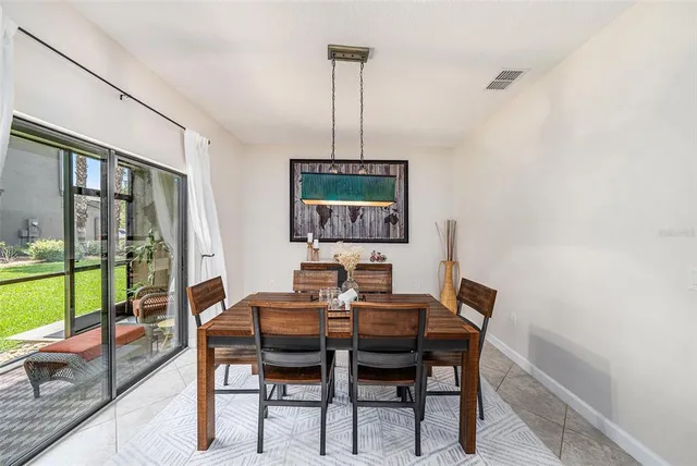 a view of a dining room with furniture window and outside view