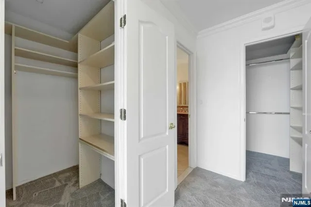 a view of walk in closet with empty racks