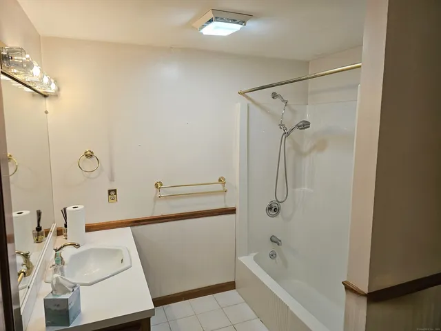 a bathroom with a tub sink and mirror