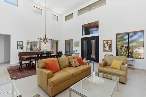 a view of a dining room with furniture