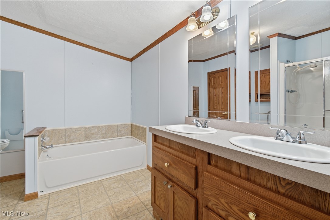 60602 Shaw Road Cambridge, OH 43725 - Photo 32 of 41 Bathroom with crown molding, double vanity, a bath, and a stall shower