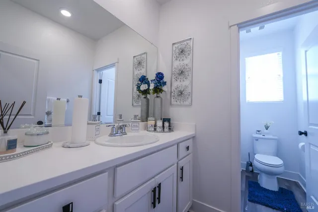 a bathroom with a sink a toilet and a mirror