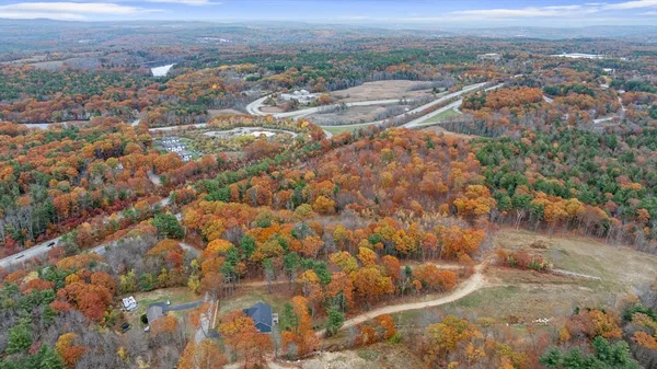an aerial view of residential houses with outdoor space and trees