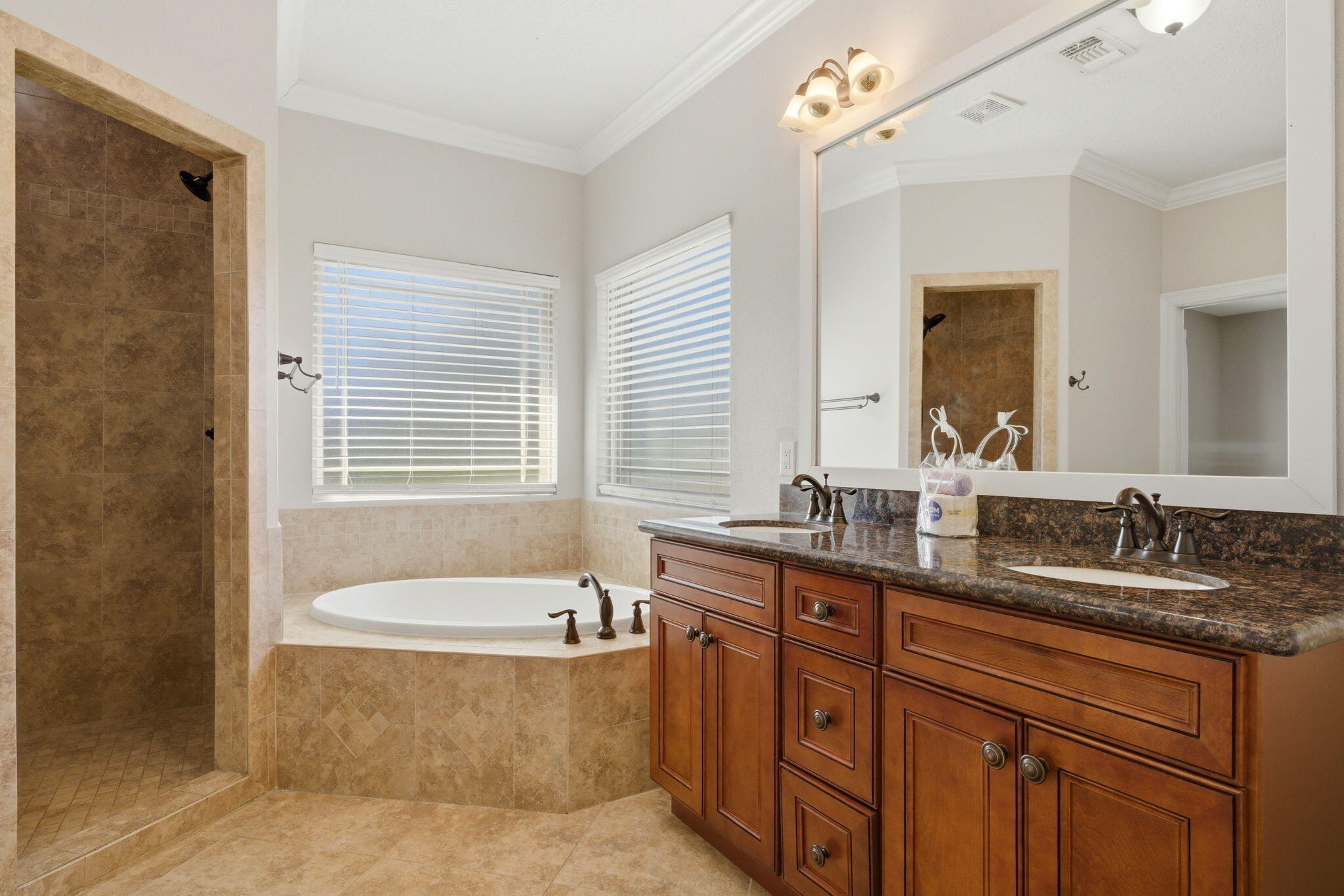 7151 Reef Street Navarre, FL 32566 - Photo 33 of 52 a bathroom with a granite countertop sink mirror and a bathtub