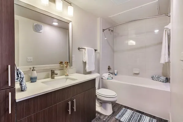a bathroom with a sink a toilet a mirror and shower