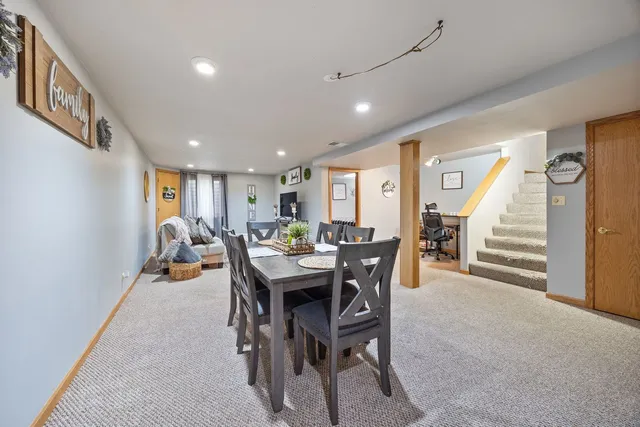 a view of a dining room with furniture
