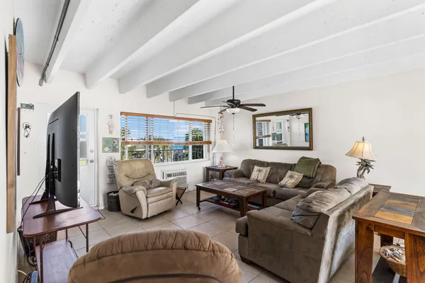 a living room with furniture ceiling fan and a rug
