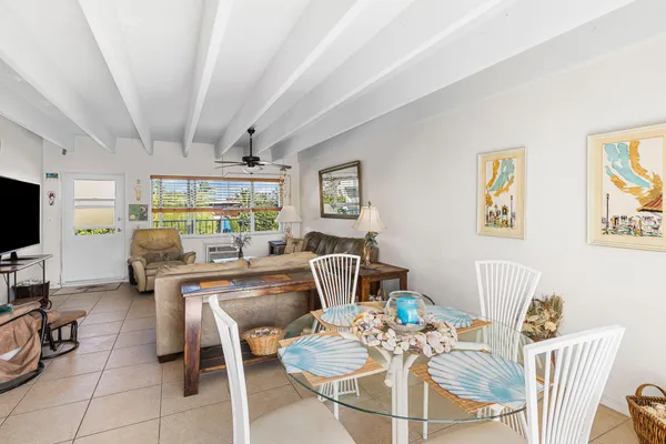 a view of a dining room with furniture