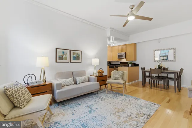 a living room with furniture or couch and a dining table