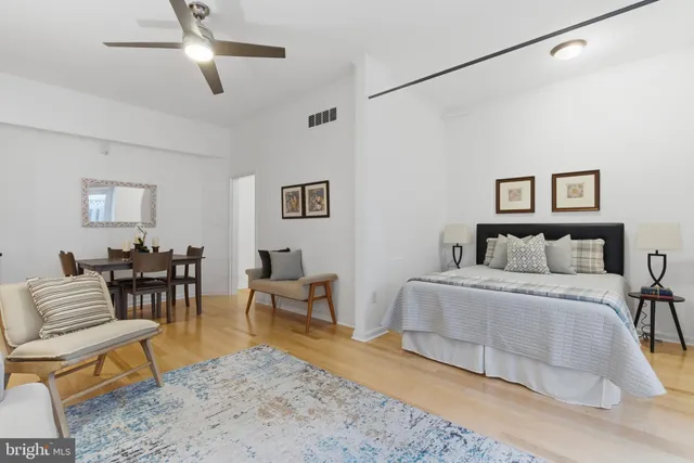 a spacious bedroom with a bed a couch and potted plant on the dresser
